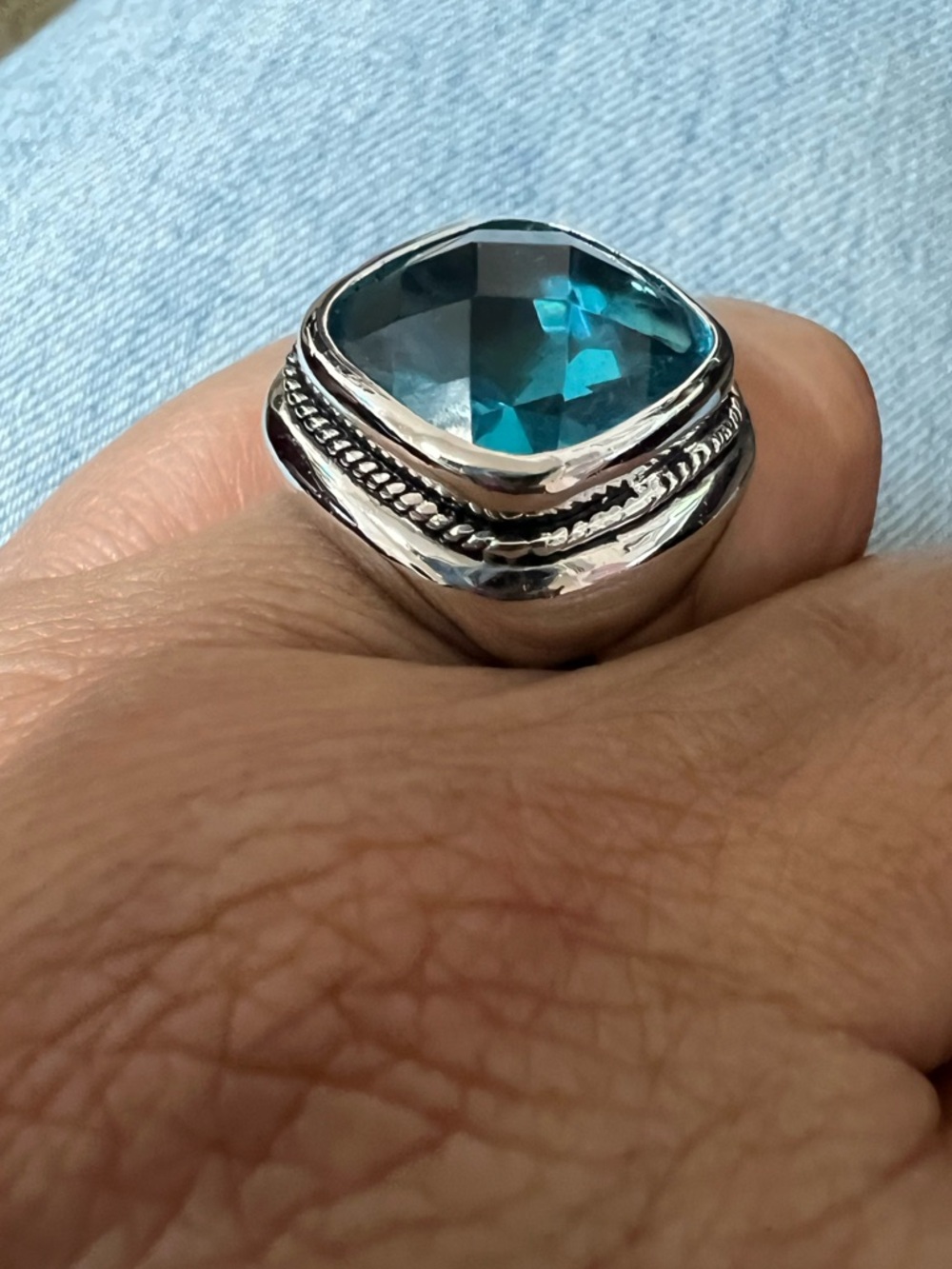 Silver Tone Blue Topaz Albion Faceted Statement Ring Modern Bold Size 8 #81